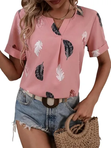 Vista 3 de LYANER Blusa casual de manga corta con cuello en V y estampado de plumas para mujer