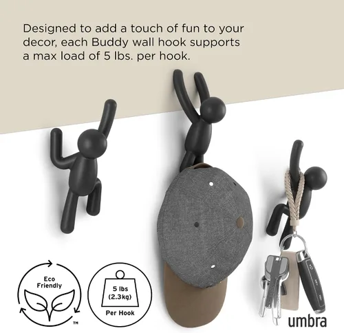 Vista 5 de Umbra Buddy Ganchos de pared decorativos montados en la pared para colgar abrigos, bufandas, bolsos, carteras, mochilas, toallas y más, juego de 3