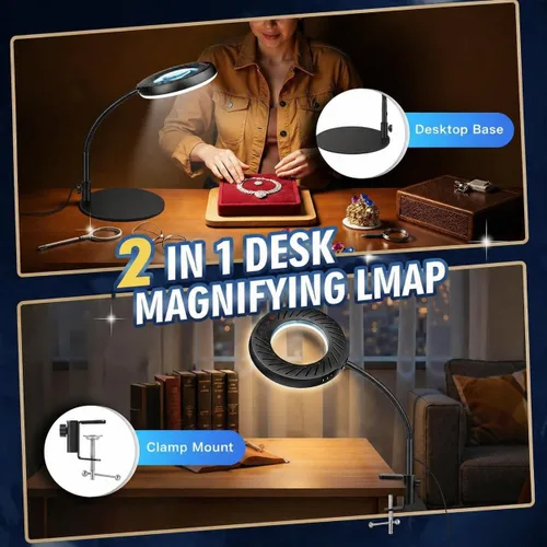 Vista 3 de 12 lupas con luz y soporte, 5 modos de color, 9 niveles regulables, lámpara de aumento de cuello de cisne flexible manos libres, lámpara