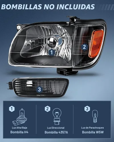 Vista 2 de Nilight Combo de faros delanteros y luces traseras para Toyota Tacoma 2001 Carcasa negra + reflector ámbar con luz trasera