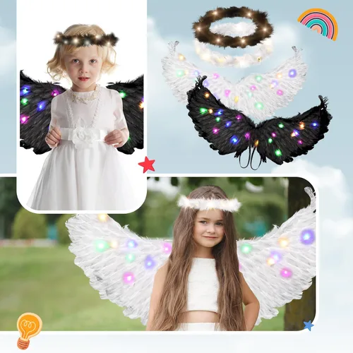 Vista 6 de Toulite 4 piezas de alas de ángel con luz LED y diadema con luces LED blancas, alas de disfraz para adultos, mujeres, niños, Halloween, Navidad