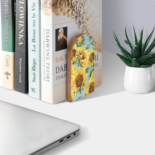 Vista 3 de Sujetalibros decorativos de madera con diseño de girasol amarillo acuarela para estantes, habitación de los niños, escritorio en casa, oficina