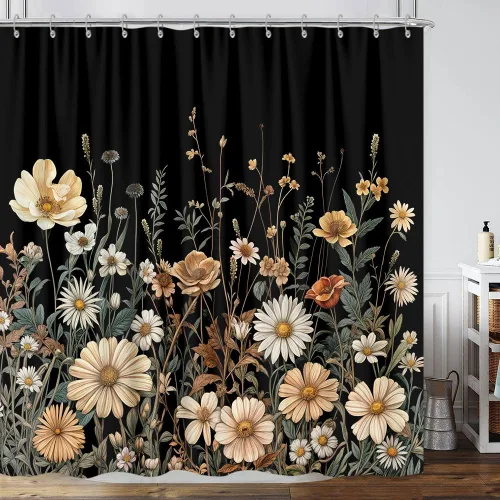 Vista 13 de Cortina de ducha de mariposa floral negra y dorada, cortina de ducha bohemia con diseño botánico de flores oscuras para baño con gancho, juego