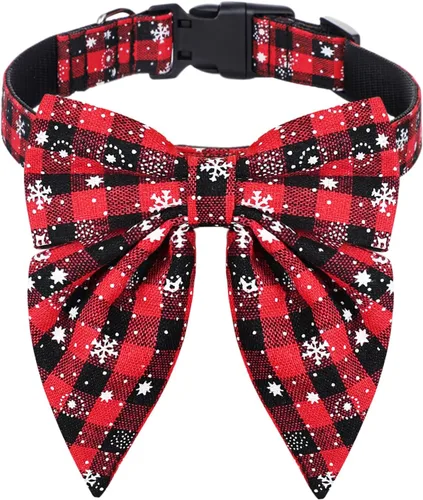 Vista 6 de Collar de perro de Navidad Malier con moño, collares de Navidad rojos clásicos para niñas y niños, collares de cachorro ajustables y lindos
