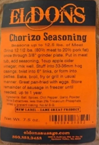 Vista 2 de Condimento de salchicha fresca de chorizo, 7.5 onzas, Temporadas de bolsa de 12.5 libras. #885