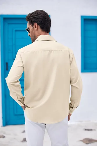 Vista 3 de COOFANDY Men's Cuban Guayabera Shirts Casual Button Down Long Sleeve Beach Shirt