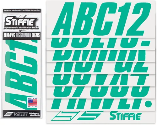 Vista 2 de Stiffie Shift Sea Teal - Kit de identificación alfanuméricos, calcomanías de números de registro para barcos y embarcaciones personales, color verde