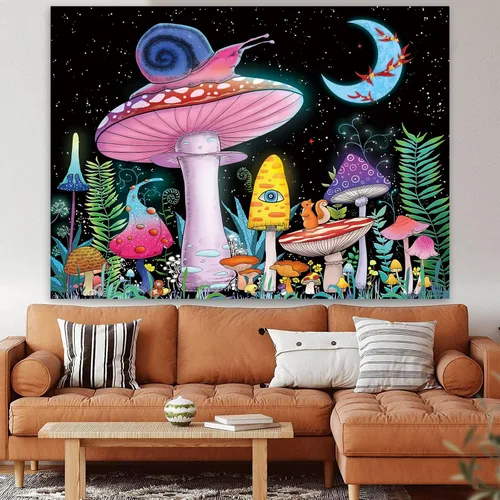 Vista 2 de ZYLLGLOW Tapiz de hongos trippy, tapiz de luna y estrellas, tapiz rosa de caracol, tapiz de plantas y hojas de fantasía, tapices de ojos trippy