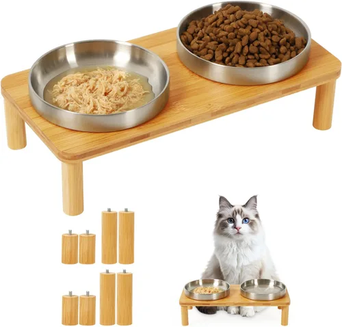 Vista 9 de DoogCat Cuencos elevados para gatos de interior – Mesa elevada de bambú para gatos con 2 platos de acero inoxidable, altura ajustable