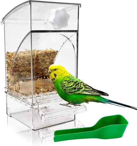 Vista 10 de Hamiledyi Comedero automático para pájaros sin ensuciar, contenedor de comida de semillas de loro acrílico transparente con jaula de perca