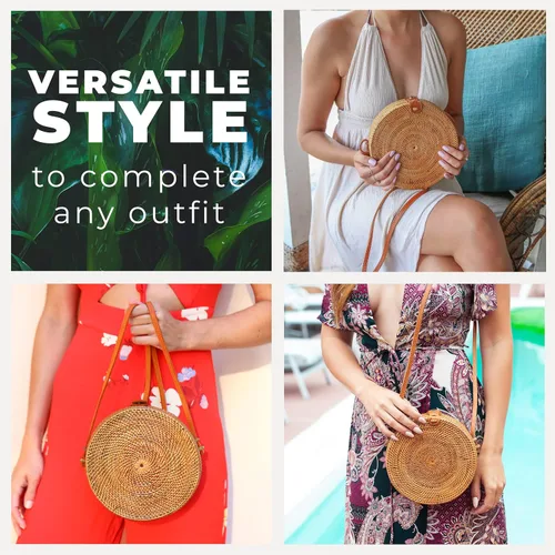 Vista 5 de Bolsas de ratán para mujer Bolso tejido de mimbre hecho a mano con círculo, bolsa bohemia Bali