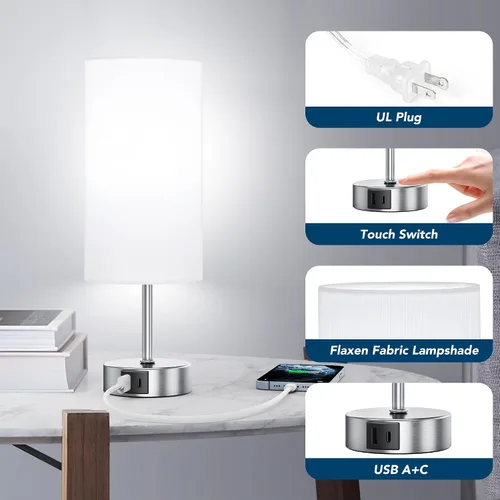 Vista 12 de ROTTOGOON Lámpara de mesa con control táctil de 12.8 pulgadas, lámpara de mesita de noche pequeña regulable de 3 vías con 2 puertos USB, lámparas