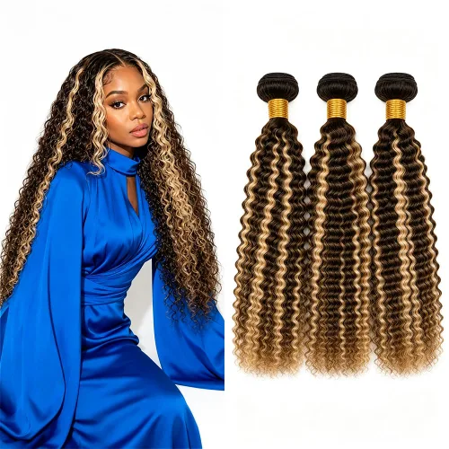 Vista 264 de P4613 Cabello humano rizado onda profunda marrón y paquetes mixtos 8 10 12 P4613 Ombre Marrón-Rubio-DP