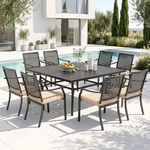 Vista 22 de PHI VILLA Juego de comedor al aire libre de 5 piezas para 4, sillas apilables con cojines y mesa cuadrada de madera de 37 pulgadas con agujero