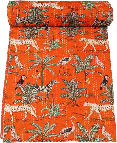 Vista 6 de Marubhumi Edredón tradicional indio de algodón puro con estampado de selva Kantha, funda de cama, colcha Kantha con estampado de animales, Gris