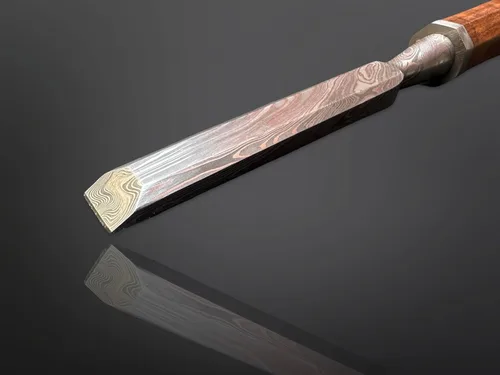 Vista 9 de Juego de cinceles de madera de 5 piezas – Cuchillas de borde biselado de acero de Damasco forjadas a mano con cubiertas de cuero y asas