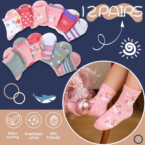 Vista 6 de ANTSANG Calcetines de algodón a rayas de unicornio para bebés, niñas y niños pequeños