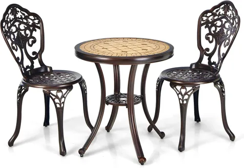 Vista 9 de Tangkula Juego de 3 piezas de patio bistró, juego de mesa y sillas de aluminio fundido para exteriores, mesa redonda de bistró y sillas para porche