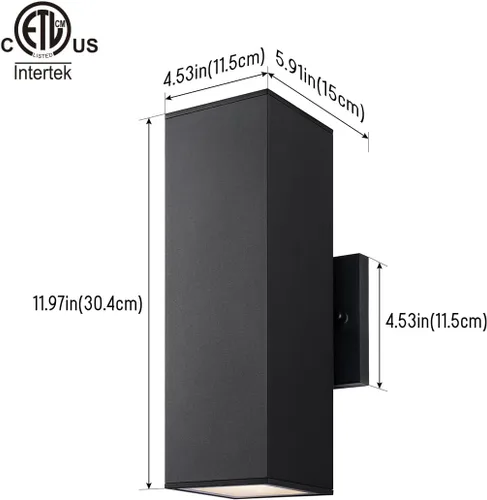 Vista 2 de mirrea Moderna luz de porche al aire libre en 2 luces con tubo rectangular de aluminio y cubierta de vidrio templado, aplique de pared impermeable