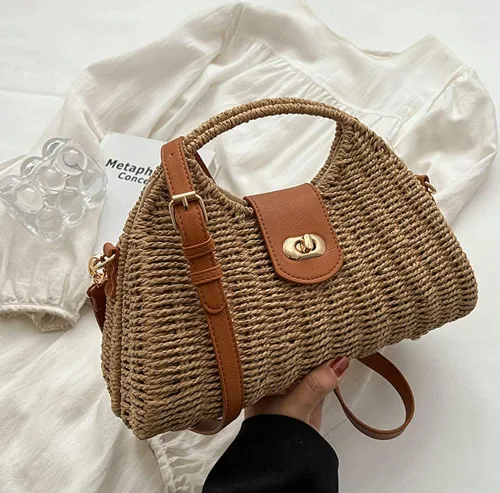 Vista 3 de Bolso cruzado de paja para mujer, tejido a mano, bolso de mano de ratán con asa superior de paja, bolso de hombro para playa de verano, bolso