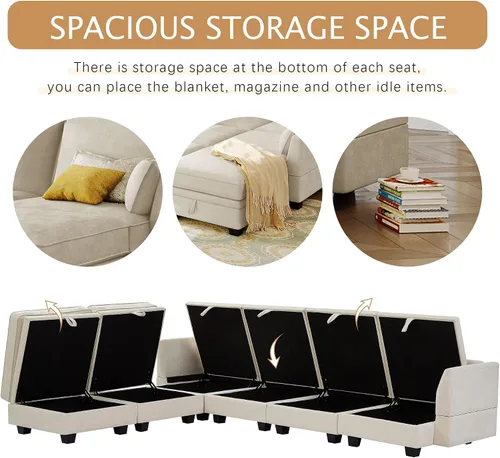 Vista 5 de Sofá modular moderno en forma de U de 115 pulgadas, juego de sofás tapizados grandes con asiento de almacenamiento, sofá cama convertible con diván