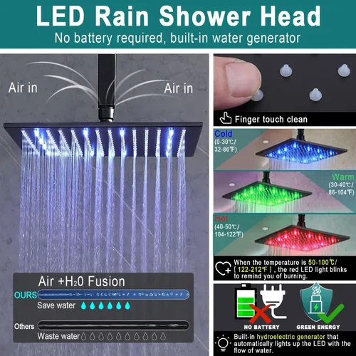 Vista 2 de HOMEDEC Sistema de ducha de lluvia LED de 16 pulgadas, válvula desviadora termostática de 3 vías con 6 pulverizadores corporales, todas las Negro