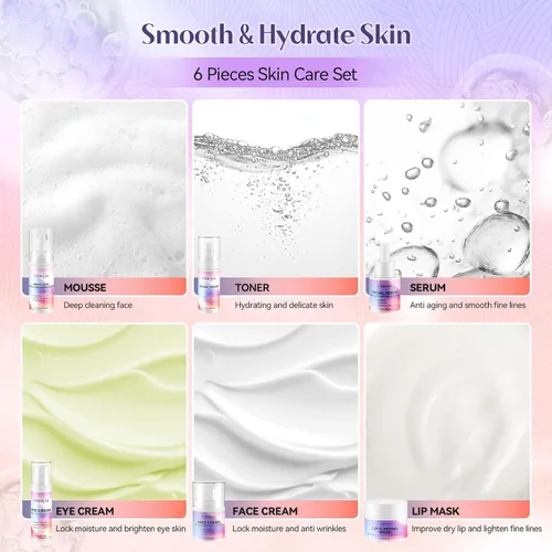 Vista 5 de Juego de cuidado de la piel con retinol de colágeno, 6 piezas antienvejecimiento con limpiador hidratante, crema de ojos, tónico, crema y máscara