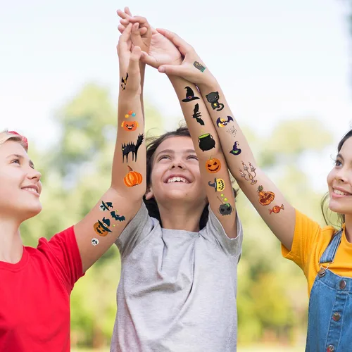 Vista 5 de 298 piezas de decoraciones de Halloween, recuerdos de fiesta, tatuajes temporales para niños, Halloween, surtido de trucos o tratos, calcomanías