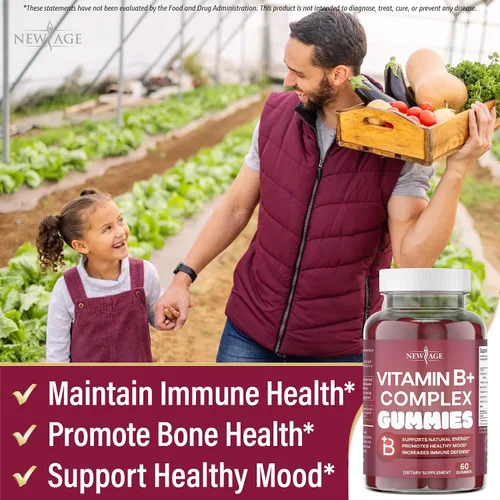 Vista 4 de NEW AGE - Gomitas de complejo de vitamina B con vitamina B3, B5, B6, B7, B9 y B12, con biotina, ácido fólico y vitamina C, sin gluten, veganas