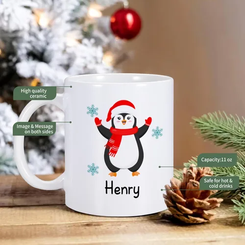 Vista 4 de Taza de Navidad personalizada con nombre para niños, taza de chocolate caliente, taza de Navidad de pingüino, taza de té de cerámica de 11 onzas