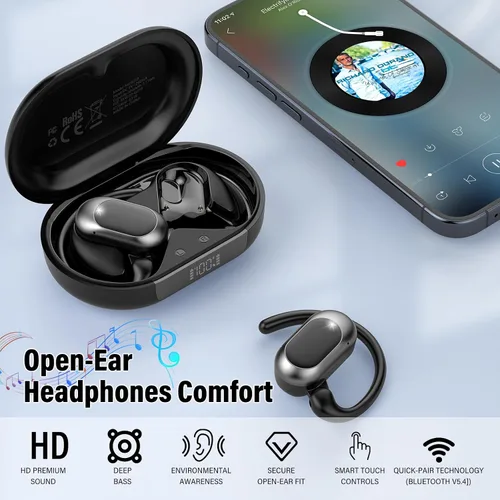 Vista 5 de Auriculares de oreja abierta, Bluetooth 5.4, auriculares de conducción de aire de 36 horas de reproducción con micrófono, auriculares ajustables