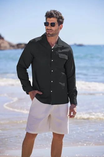 Vista 3 de COOFANDY Camisa de lino de manga larga para hombre, casual, con botones, cuello de campamento, con 2 bolsillos