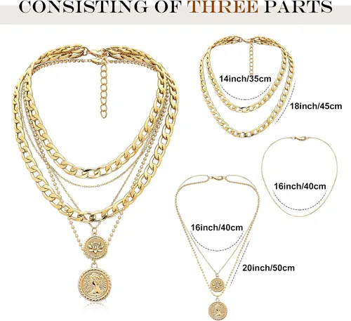 Vista 5 de MJartoria Collares de oro en capas para mujer, collar retro de moda con dije de moneda, collar de oro, cadena de eslabones gruesos, gargantilla