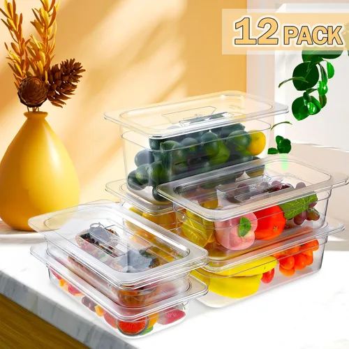 Vista 5 de Tioncy 12 sartenes transparentes de tamaño 1/3 con tapas, recipientes apilables de plástico para ensaladas, almacenamiento comercial de alimentos