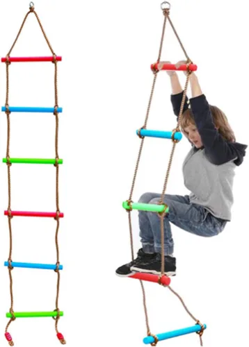 Vista 6 de Escalera de cuerda de escalada, escalera de cuerda de escalada para niños, resistente a la tracción, tejido multicapa, suave y colorido, accesorios