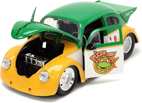 Vista 7 de Jada Teenage Mutant Ninja Turtles 1:24 1959 Volkswagen Drag Beetle - Coche fundido a presión y figura de Miguel Ángel de 2.75 pulgadas, juguetes