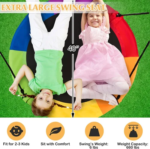 Vista 5 de ARLIME Columpio de árbol de platillo de 40 pulgadas, asiento de columpio para exteriores para niños y adultos, columpio redondo colorido con cuerdas
