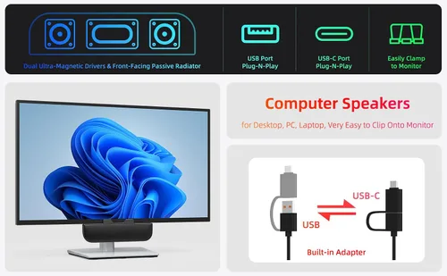 Vista 2 de Altavoces de computadora para PC de escritorio, altavoces de monitor, enchufe USB, con cable, altavoz externo para portátil, barra de sonido