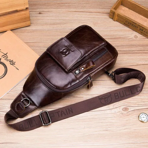 Vista 6 de Bolso cruzado de cuero para hombre bolso de hombro casual bolsas de pecho para viajes senderismo mochilas Café Mochilas Sling
