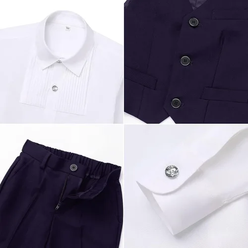 Vista 5 de Traje para niños y niños, camisa de vestir blanca ajustada+chaleco+pantalones largos+corbatín 4 piezas anillo de boda portador esmoquin traje formal