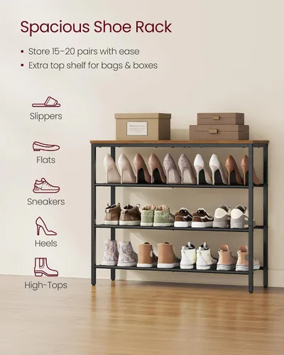 Vista 4 de VASAGLE Zapatero de 4 niveles, organizador grande de almacenamiento de zapatos para armario, entrada, 15-20 pares, con 3 estantes de malla metálica