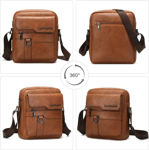 Vista 4 de Leathario Bolso bandolera de cuero para hombre, bolso de hombro para hombre, bolso bandolera para trabajo, negocios, viajes, Marrón claro-83