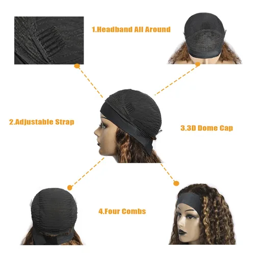 Vista 23 de Peluca de cabello humano con diadema de ondas profundas, sin pegamento, pelucas de cabello rizado sin encaje frontal, pelucas de cabello humano