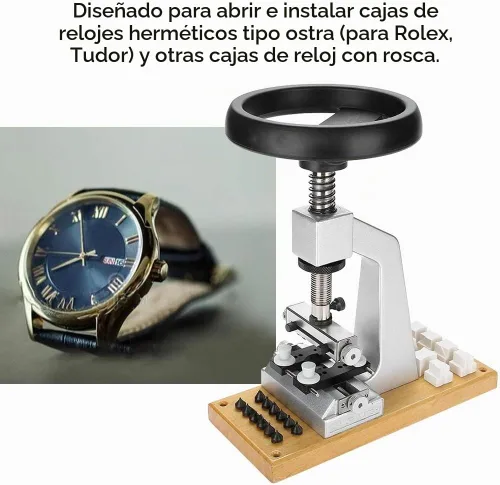 Vista 4 de Focket Abridor de caja de reloj, herramienta de reparación de reloj de pulsera con 6 troqueles para abrir y cerrar relojes Oyster