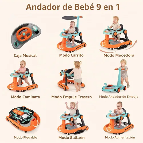 Vista 3 de INFANS - Andador plegable 9 en 1 con asa, toldo para el sol, color naranja