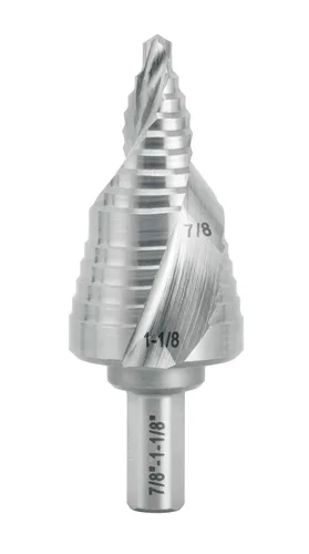 Vista 10 de Broca escalonada industrial HSS de 3/16 a 1 pulgada con vástago de 3/8 pulgadas, flauta espiral doble Unibit con tamaño de 14 escalones para metal