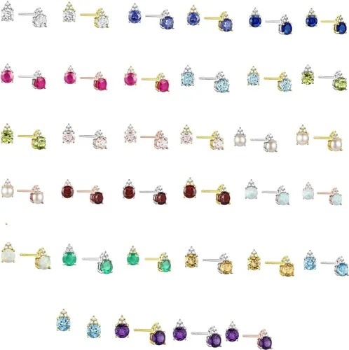 Vista 3 de Aretes de tuerca con diamantes y piedras preciosas auténticas, 3 diamantes redondos naturales colocados sobre una piedra preciosa natural, oro rosa