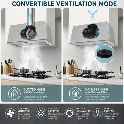 Vista 5 de Campana extractora integrada/insertada de 400 CFM de 24 pulgadas, ventilación de cocina convertible con conductos/sin conductos con luces LED de 3