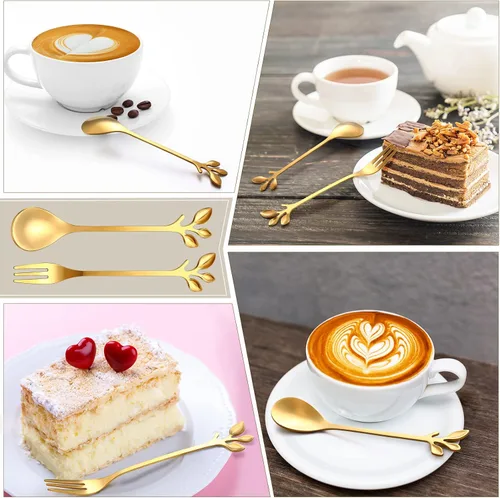 Vista 3 de Juego de 40 piezas de cuchara de café de hoja de acero inoxidable y tenedor de aperitivo, cuchara de postre, mini utensilios de postre plateados