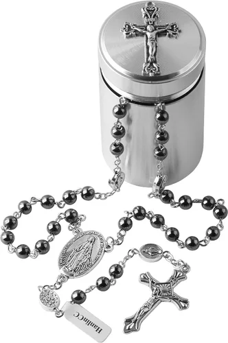 Vista 2 de HanlinCC Collar con cuentas de piedra negra de hematita de 0.236in con rosario milagroso con caja de regalo de metal de cruz para hombres y mujeres
